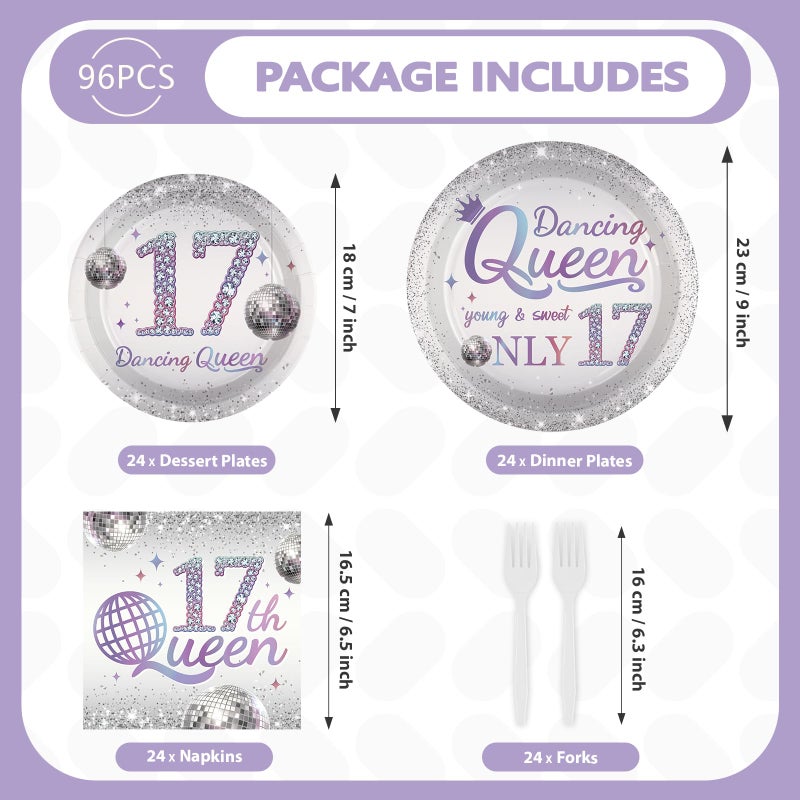 Grencian 96 Pcs Dancing Queen 17th Birthday Party Supplies Dancing Queen 17th Paper Plates and Napkins Disposable Silver Disco Party Tableware Set for Girls 17 Year Old Birthday Decorations Serves 24 - Image 2